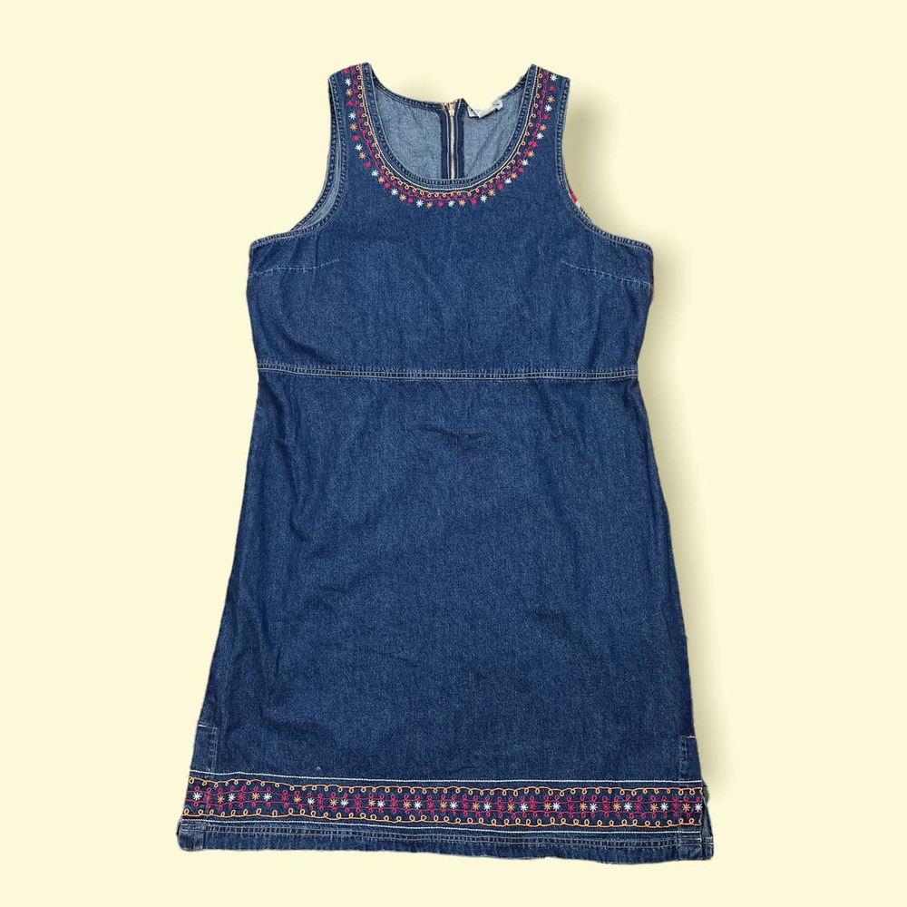 VNT 90s Y2K Blue Denim 100% Cotton Embroidered Jumper Sheath Dress Womens L